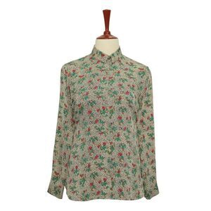 Womens Silky Satin Shirt Green Pink Floral Blouse Button Up Dressy Top Medium